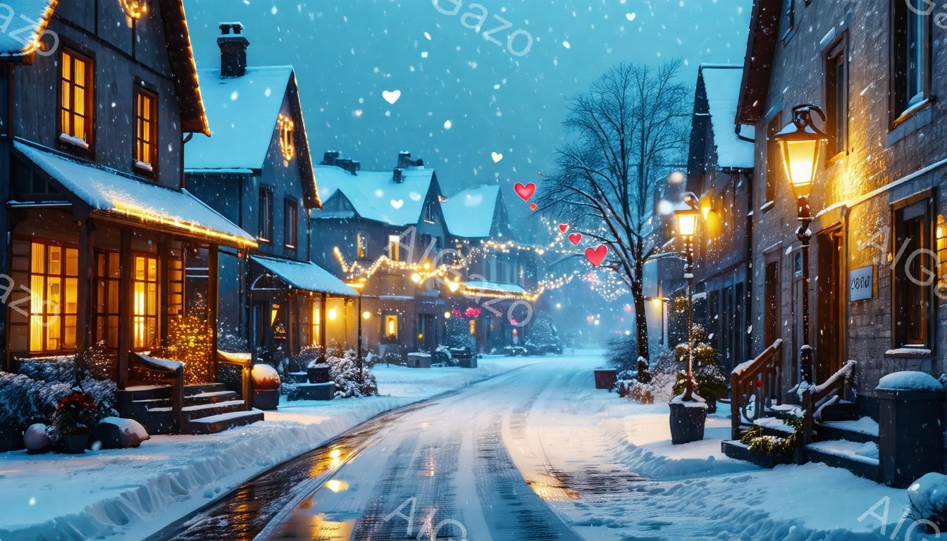 雪が降り積もる静かな街並みが描かれています。石造りの建物には暖かな光が灯り、窓辺には雪が積もっています。通りには飾り付けられた電飾が輝き、冬の穏やかな雰囲気を醸し出しています。
