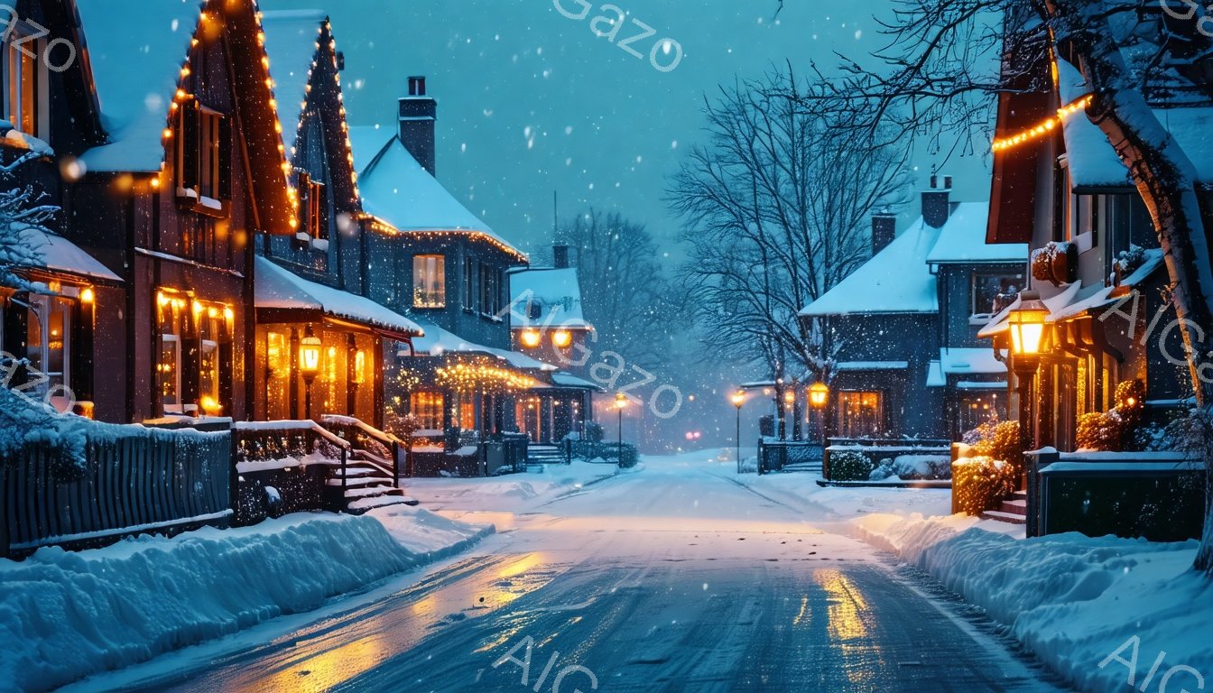 雪が降る夜の住宅街の様子が描かれている。家々は雪に覆われ、窓から暖色の光が漏れ出し、クリスマスの飾り付けが冬の夜を彩っている。道路は濡れており、雪が積もり始め、静かで穏やかな冬の雰囲気を醸し出している。