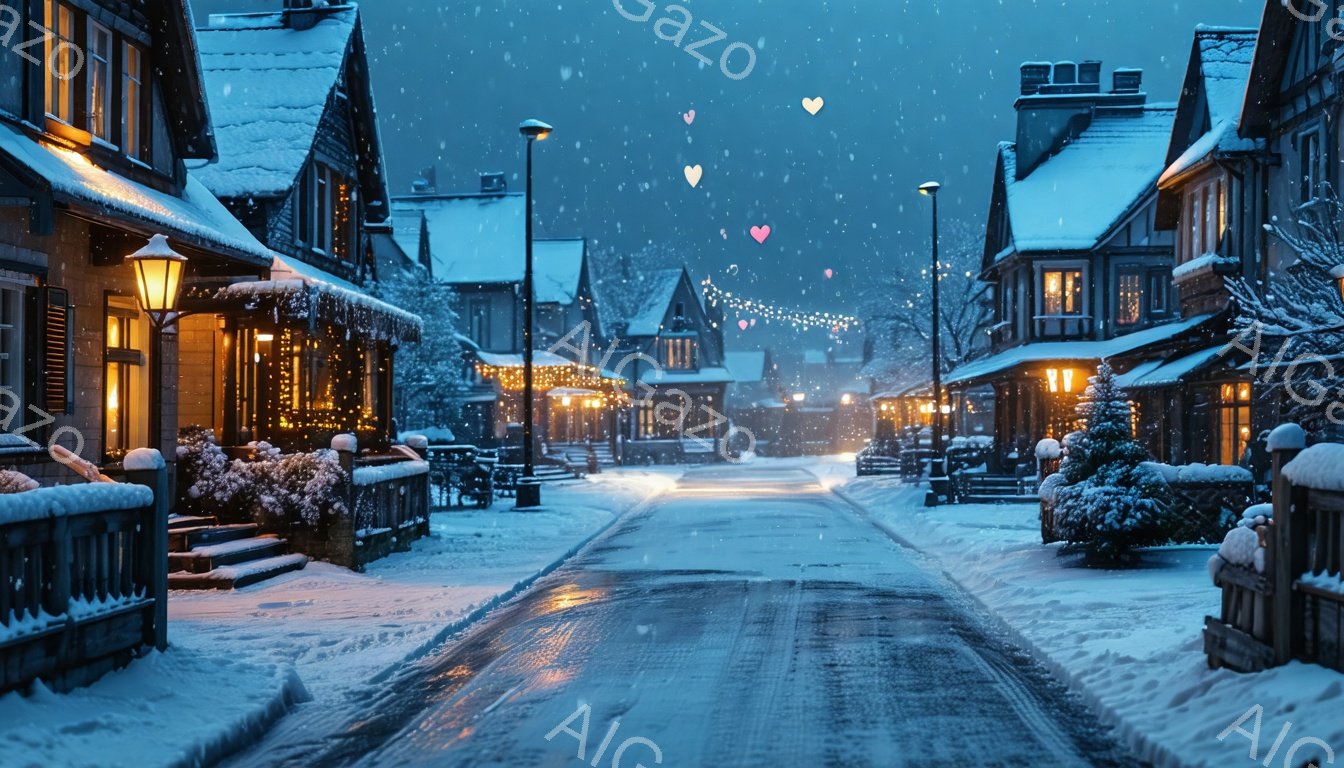 雪が降り積もる静かな住宅街の夜の風景です。街路樹や家の屋根には雪が降り積もり、暖かい光が窓から漏れ、クリスマスの飾り付けが冬の夜を華やかに彩っています。道路は濡れており、遠くにはぼんやりとした光が見え、心温まる穏やかな雰囲気が漂っています。