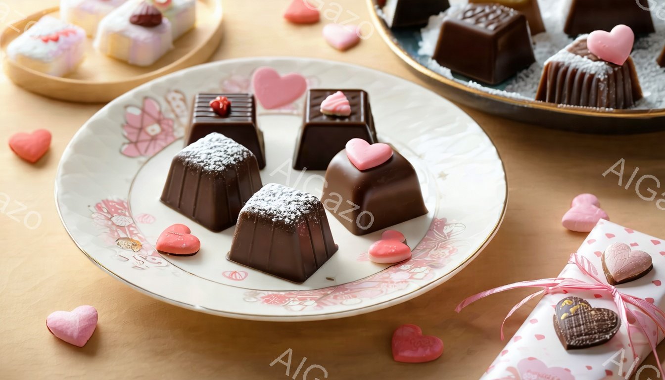 チョコレートの盛り合わせが、装飾された皿の上に美しく並べられています。茶色とピンクのハート型チョコレート、そして粉砂糖をまぶしたチョコレートが、バレンタインデーを彷彿とさせる雰囲気を作り出しています。背景には、さらにチョコレートや飾り付けがぼやけて写り込み、甘くてロマンチックな印象です。