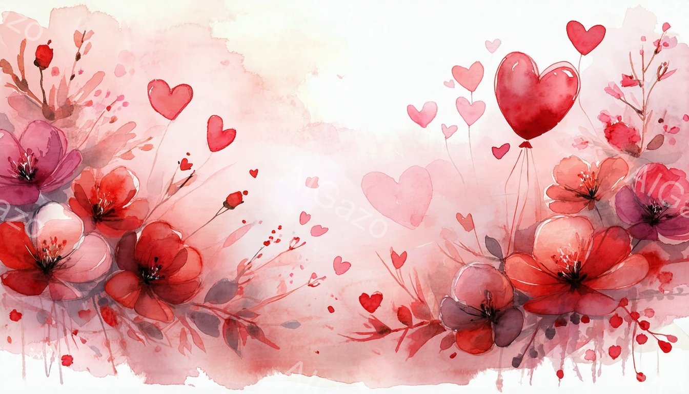 水彩画のような背景に、鮮やかな赤い花々が咲き乱れ、可愛らしいハートが舞い散っている様子が描かれています。ピンクと赤の色合いが柔らかく、ロマンチックで優しい雰囲気を醸し出しています。花々の配置とハートの - AI生成フリー素材