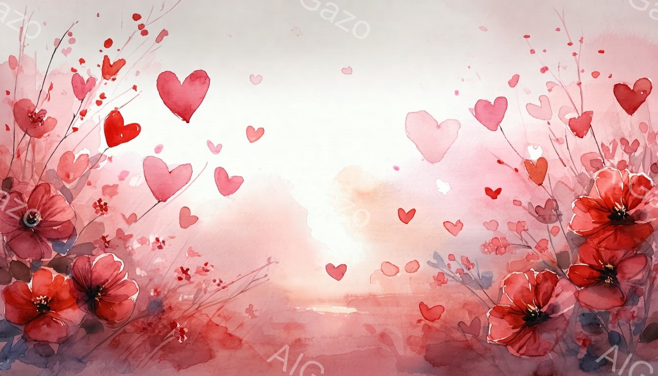 水彩画のような鮮やかなピンクと赤色の背景に、ポピーの花とハートが散りばめられています。背景はぼやけた光のグラデーションで、温かくロマンチックな雰囲気を醸し出しています。花々は生き生きとしており、ハートは軽やかに舞い散るように配置されています。