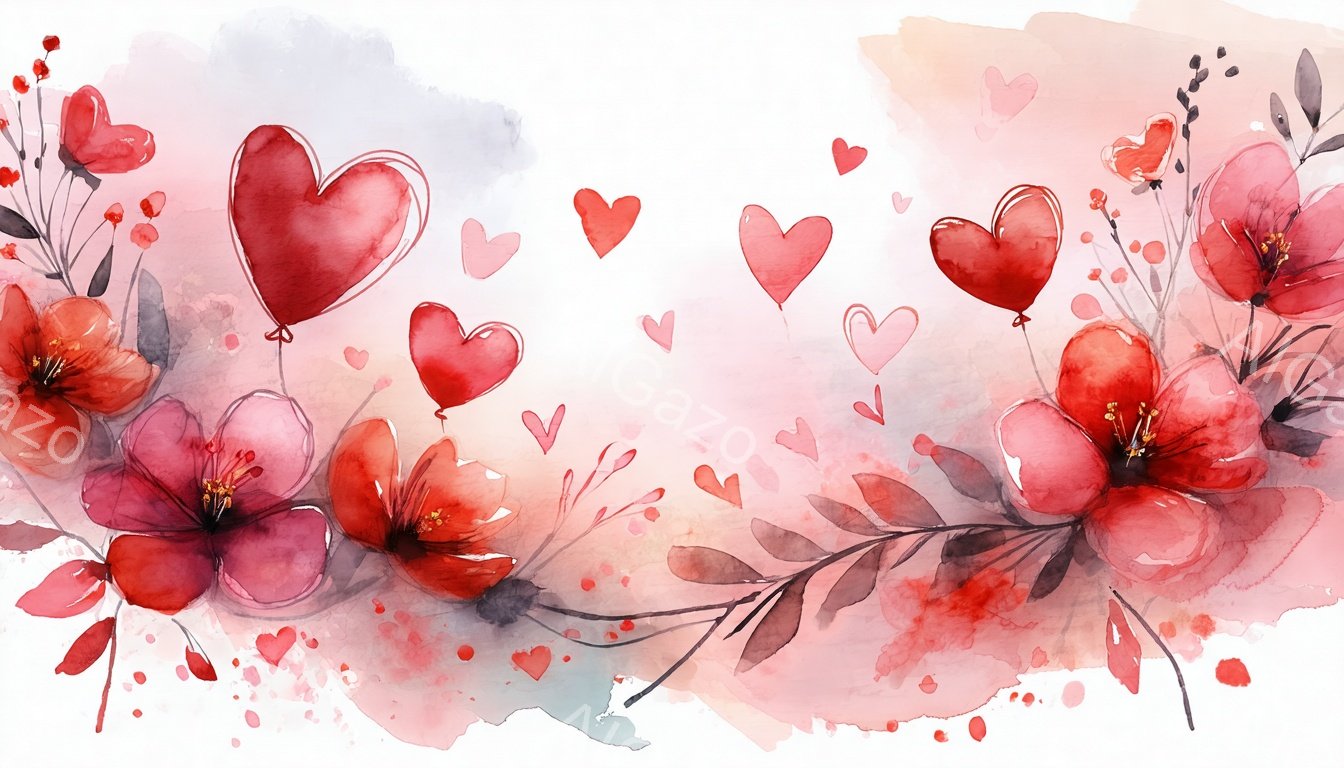 赤いバラやハートが水彩画のように描かれた背景です。花びらは柔らかいピンク色や赤色で表現され、葉や茎は繊細な線で描かれています。全体的にロマンチックで、優しい雰囲気のイラストです。