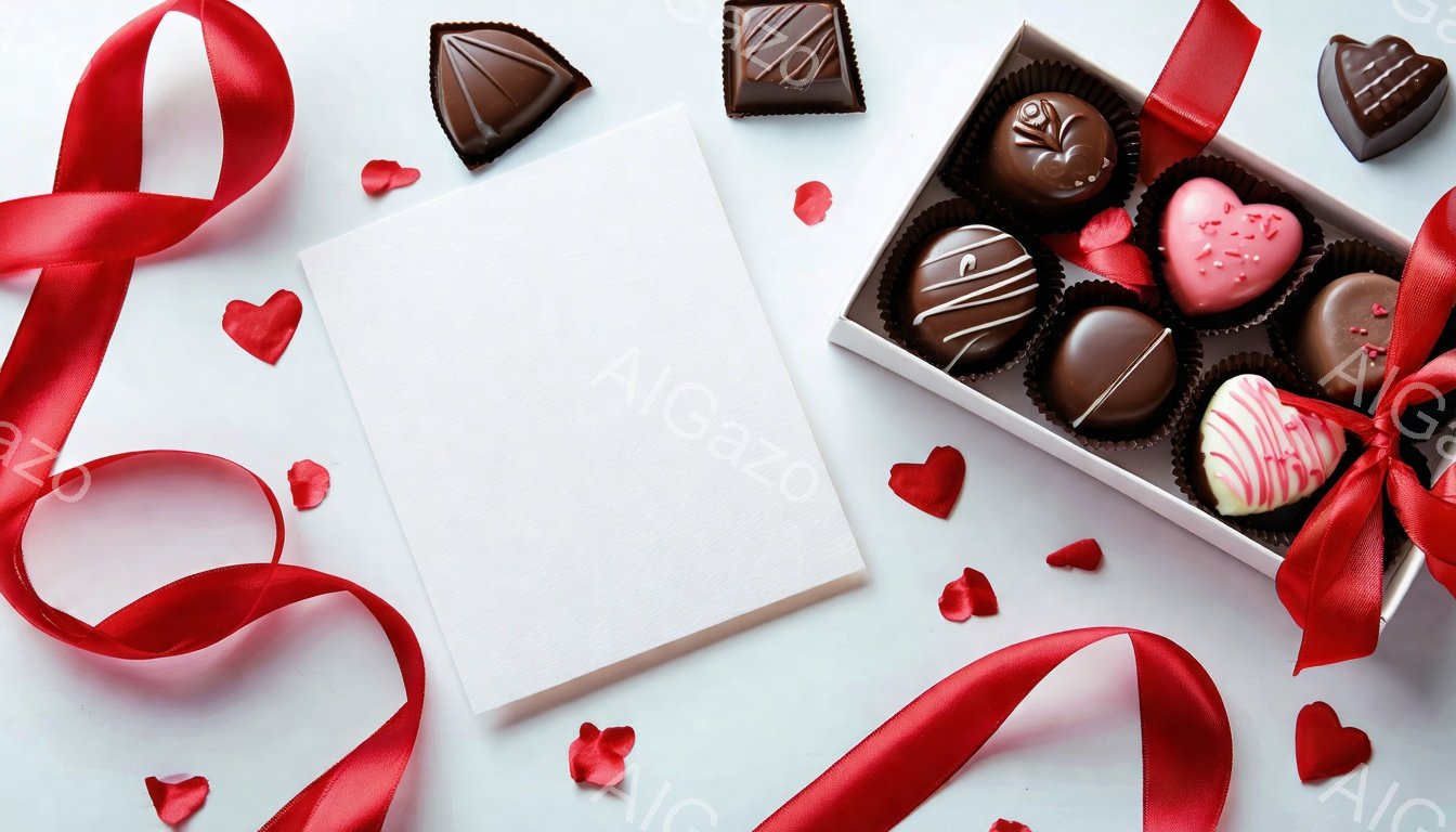 白い背景に、赤いリボンとハート型の紙吹雪が散りばめられています。チョコレートが並んだ箱と、メッセージカードが置かれています。全体的にロマンチックで、バレンタインデーを連想させる雰囲気です。
