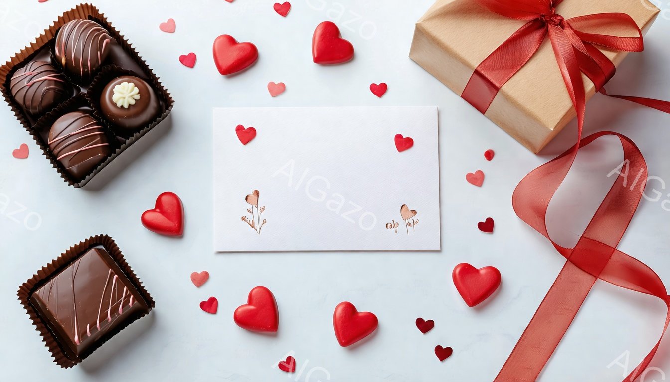 白い背景の上に、チョコレートの詰め合わせ、赤いハートの形をしたキャンディ、ラッピングされたギフトボックス、そしてメッセージカードが配置されています。チョコレートは様々な色でコーティングされ、ギフトボックスは赤いリボンで飾られています。カードには小さな花が描かれており、全体的にロマンチックで甘い雰囲気を醸し出しています。