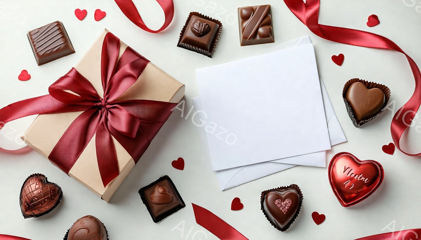 白い背景の上に、茶色の包装紙で包まれ、赤いリボンで結ばれたギフトボックスが置かれています。ボックスの周りには、様々な形のチョコレートと、ハート型の紙の飾り、そして白い封筒が散らばっており、甘くてロマン - AI生成フリー素材