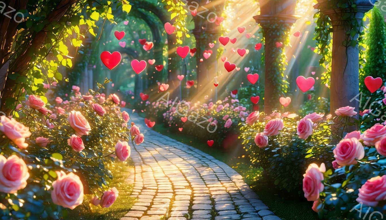 石畳の道が咲き乱れるピンク色のバラに囲まれて伸びており、アーチと柱が緑のつる植物で覆われています。太陽光線が葉の間から差し込み、心形の光が舞い、ロマンチックで夢幻的な雰囲気を醸し出しています。全体として、暖かく、優しく、愛に満ちた情景が描かれています。
