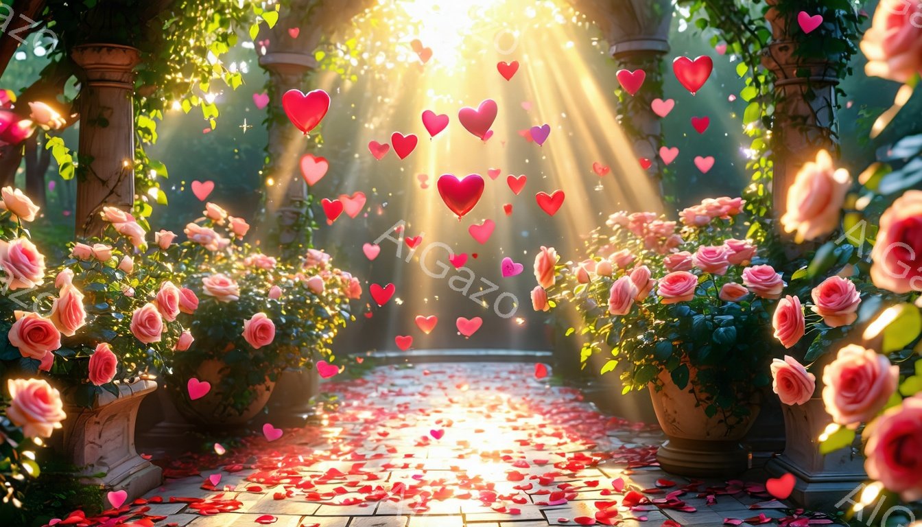 美しいバラで飾られたアーチが、レンガ造りの道へと続く幻想的な光景です。無数のハートが空中に舞い、地面にはバラの花びらが散りばめられており、ロマンチックで夢のような雰囲気を醸し出しています。強い太陽光がアーチの間から差し込み、全体を温かく照らしています。
