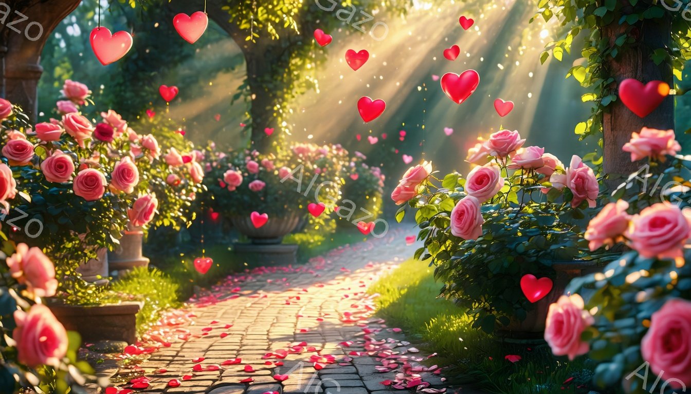 レンガ造りの道が、ピンク色のバラのアーチと生垣に囲まれて伸びています。道にはバラの花びらが散りばめられ、空中にはハート形の光が舞い、暖かくロマンチックな雰囲気を醸し出しています。太陽光が木々の間から差し込み、幻想的な光景を照らしています。