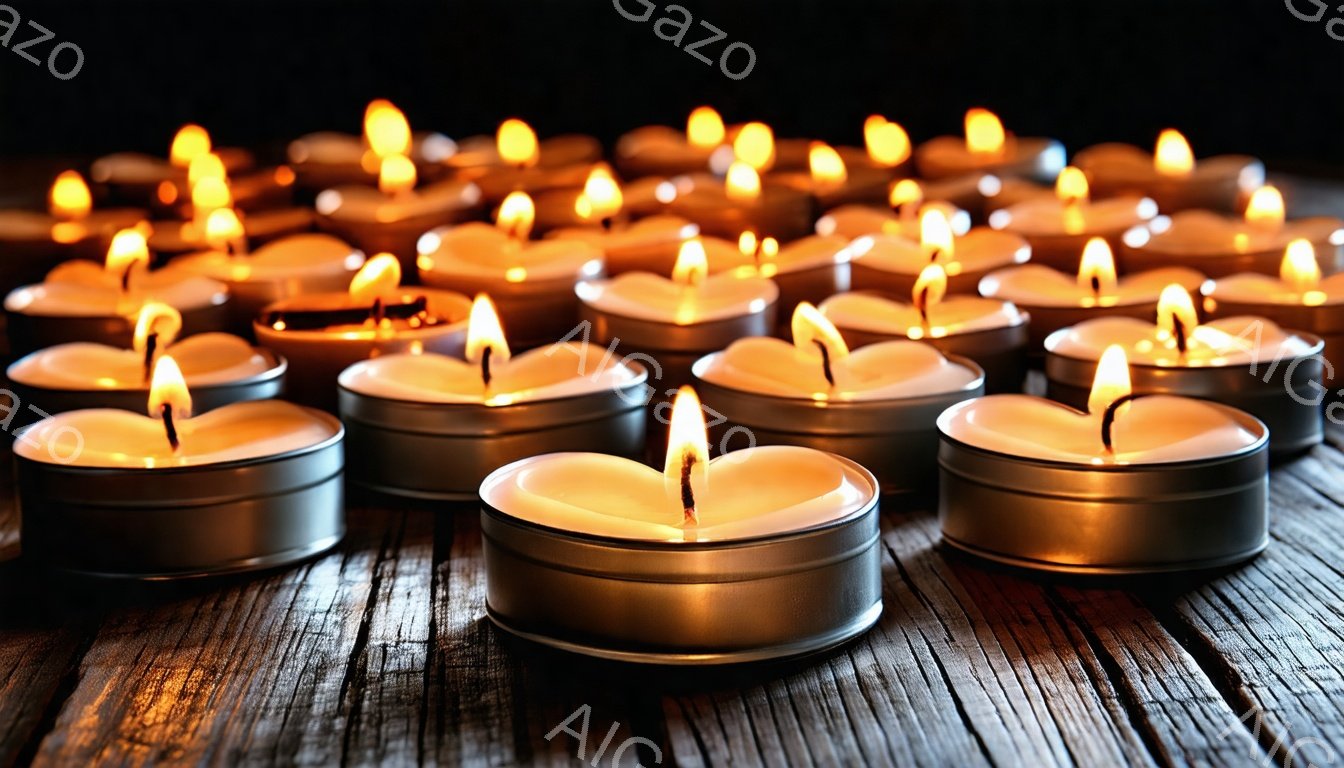 画像には、木製の粗いテーブルの上に置かれた多くの小さな円筒形のキャンドルが写っています。キャンドルは全て点火されており、暖かくオレンジ色の光を放ち、暗闇の中で柔らかい輝きを生み出しています。全体として、落ち着いた静謐な雰囲気で、瞑想やリラックスに適したシーンです。