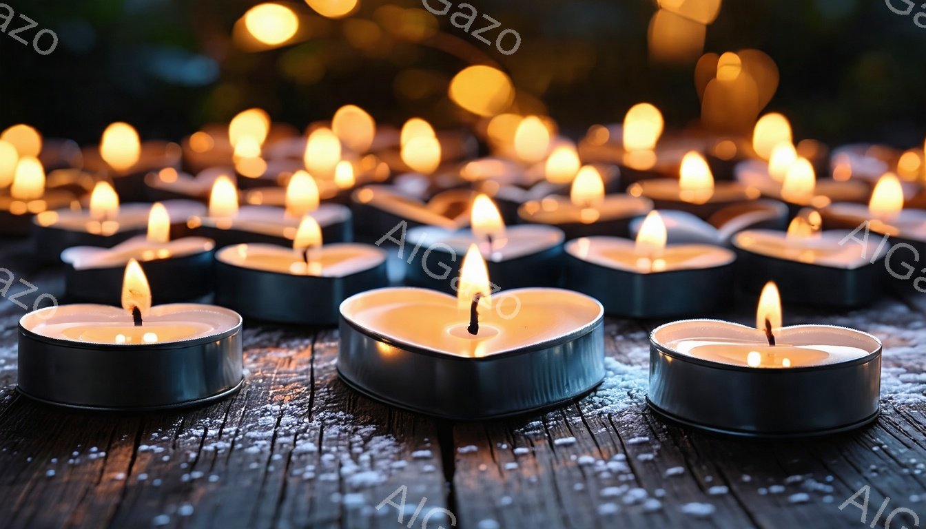 画像には、木製の板の上に置かれたたくさんのハート型のティーライトキャンドルが写っています。キャンドルはすべて点灯しており、温かく柔らかい光を放ち、背景はぼやけた光の玉で覆われています。全体として、ロマ - AI生成フリー素材