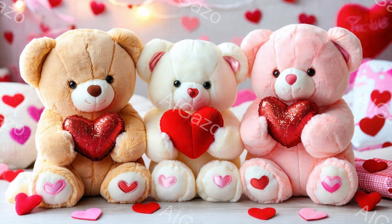 ３匹のテディベアが、それぞれ赤いハート型のクッションを抱えています。背景には、様々な大きさのハート型の紙や光る飾りがあり、テーブルの上にはさらにハートが散らばっています。全体的に、バレンタインデーや愛情を表現した温かく、ロマンチックな雰囲気です。