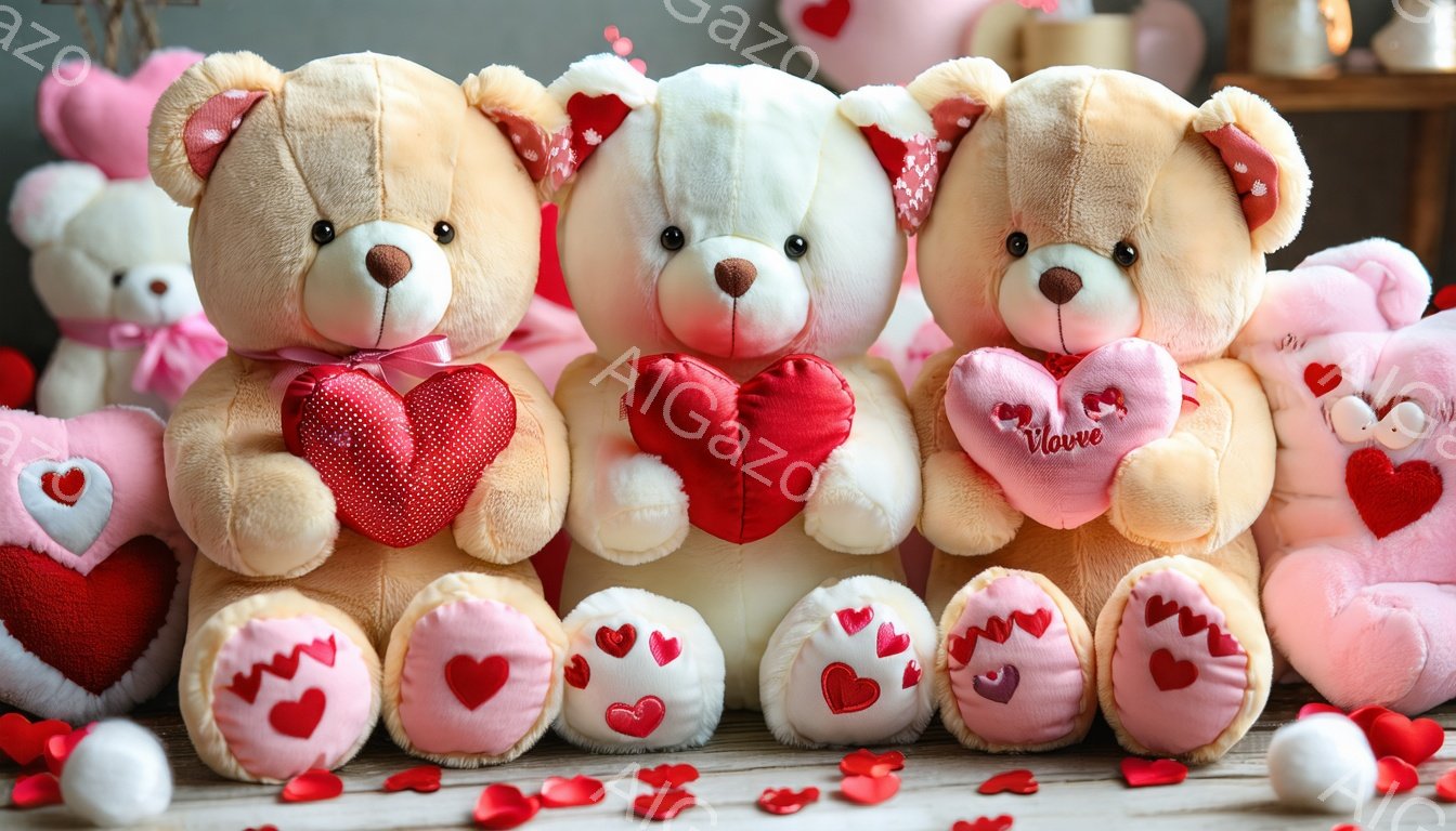 画像には、ハートの模様が施された赤いリボンや手袋をつけた、ふわふわのテディベアが複数並んでいます。ベアたちは優しい表情で、愛らしい雰囲気を醸し出しており、背景には散りばめられた赤いハートがロマンチックなムードを演出しています。全体的に柔らかい色調で、バレンタインデーや愛をテーマにした優しいイメージです。