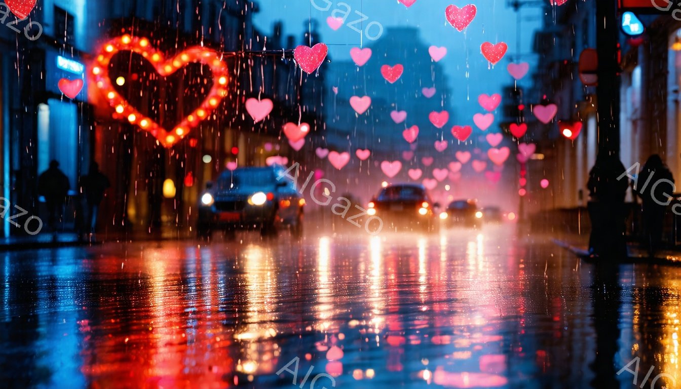 雨が降りしきる夜の街並みで、道路には無数のハート型のライトが輝いている。車や歩行者の姿がぼやけて見え、雨に濡れた路面に光が反射して幻想的な雰囲気を醸し出している。ハート型のライトと雨のコントラストが、ロマンチックで少し物憂い情景を作り出している。