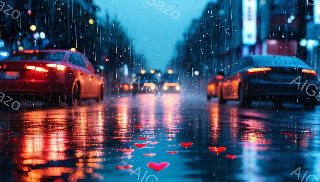 夜間の都市の通りが雨で濡れており、車のテールライトが濡れた路面に鮮やかな赤とオレンジ色を反射している。雨粒がレンズを流れ落ち、ぼやけた光の筋を作り出し、赤いハート型の光が散りばめられ、ロマンチックな雰囲気を醸し出している。遠くには高層ビルが見え、全体的に、雨の夜の活気ある都市景観に幻想的な要素が加わった様子が表現されている。