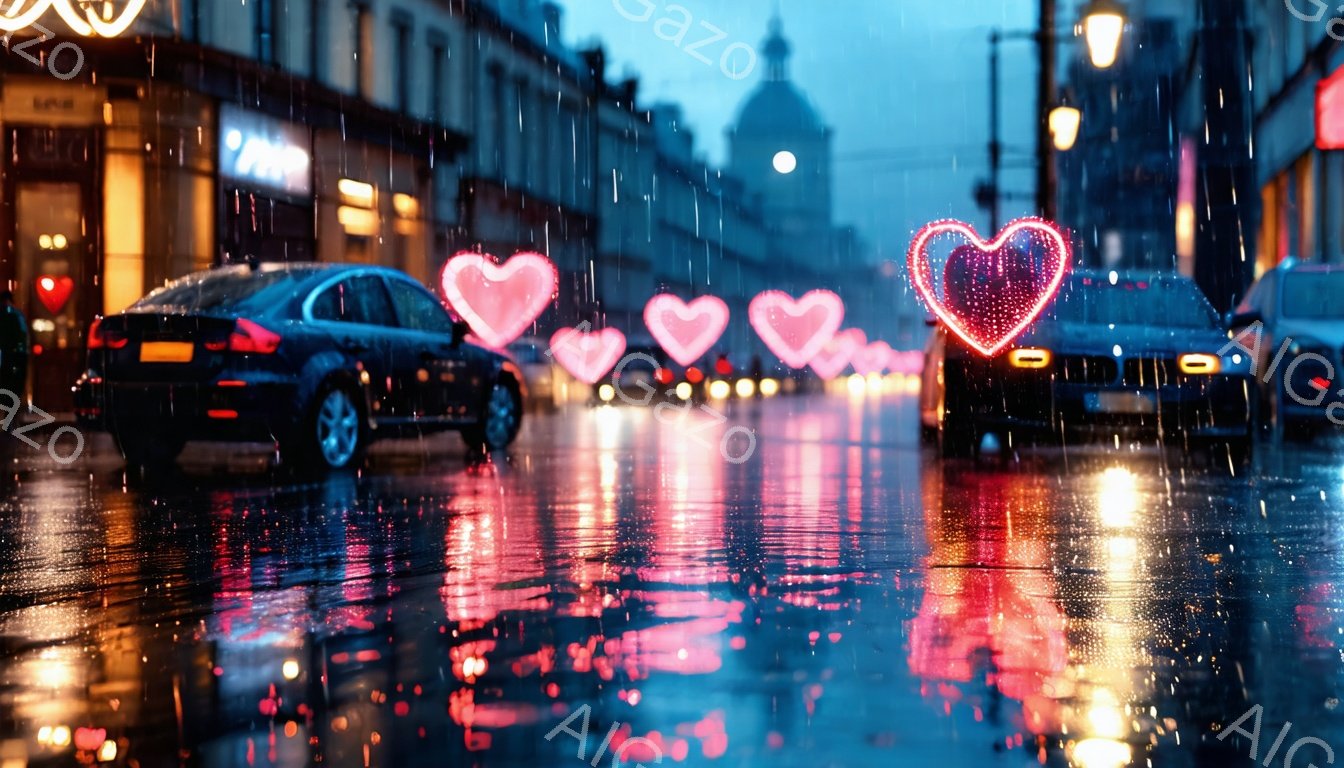 雨の夜の街並みが描かれています。道路は雨で濡れて光を反射し、街路樹や建物から発する光が水面に揺らめいています。ピンク色のハート型のイルミネーションが通りに並び、ロマンチックな雰囲気を醸し出しています。