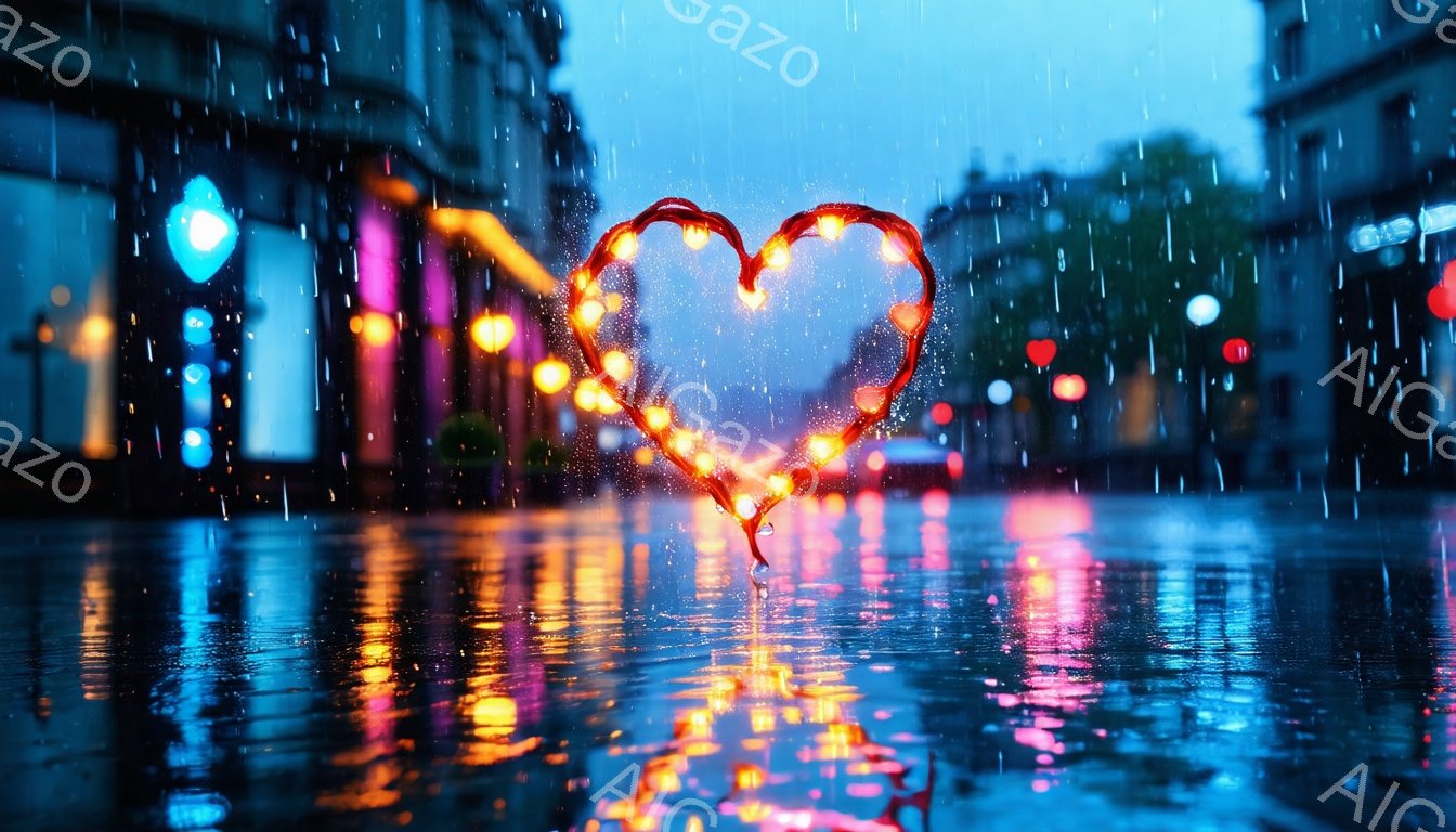夜の街並みが雨に濡れ、アスファルトに光の反射が映り込んでいる。街灯や車のライトがぼやけて見え、その中央に光るハート型の装飾が浮かび上がり、ロマンチックな雰囲気を醸し出している。雨粒が視界を遮り、幻想的で夢のような情景を作り出している。