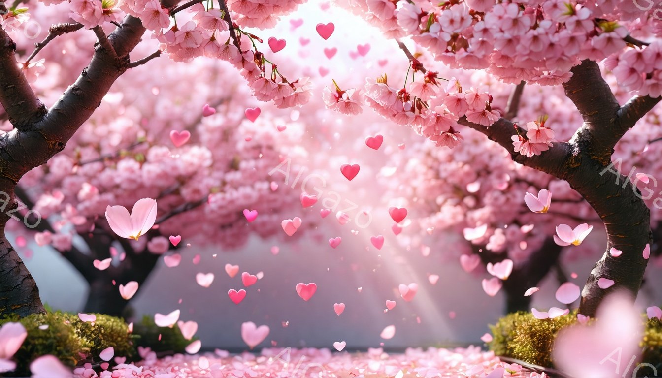 桜の花びらが舞い散る幻想的な空間が広がっている。ピンク色の桜並木が両側からフレームを構成し、地面は桜色の花びらの絨毯で覆われている。空には無数のハートマークが浮かび、光芒が差し込み、ロマンチックで夢のような雰囲気を醸し出している。