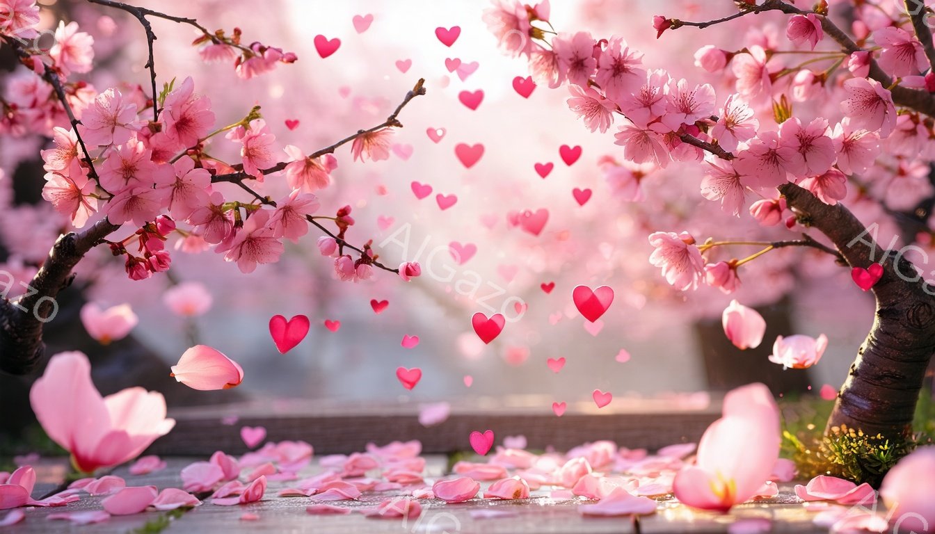 桜の花びらが舞い散る、春の美しい風景です。薄いピンク色の桜の花が咲き誇り、地面には花びらの絨毯が広がっています。空にはハート型の光が漂い、幻想的でロマンチックな雰囲気を醸し出しています。