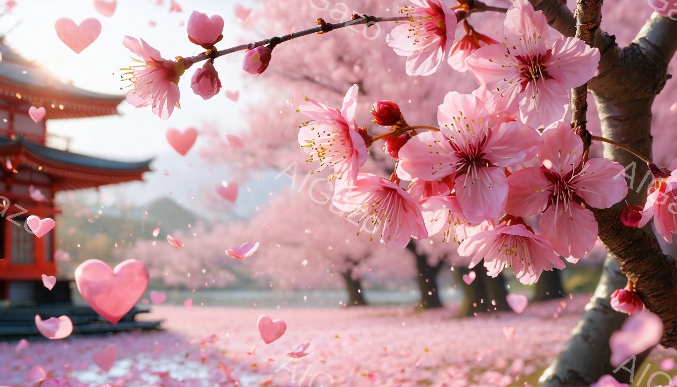 鮮やかなピンク色の桜の花びらが舞い散る、春の風景です。背景には赤色の美しい社がぼんやりと見え、柔らかい光が全体を包み込んでいます。桜の枝は花でいっぱいで、春の暖かさと優雅さを表現しています。