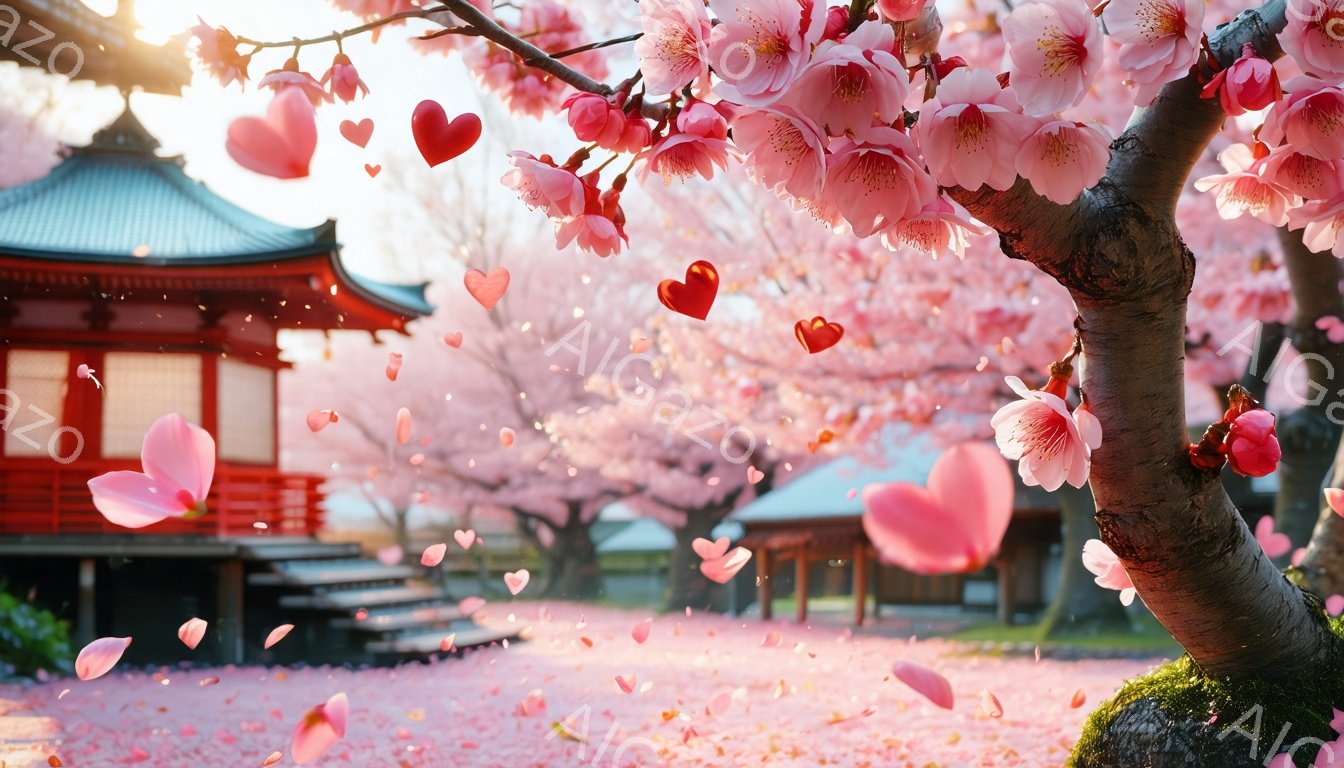 桜の花びらが舞い散る中、鮮やかな朱色の小さなお堂が穏やかに佇んでいます。地面は桜色の花びらの絨毯で覆われ、背景にはぼんやりと建物が見え、春の暖かな日差しが全体を包み込んでいます。ピンクと赤のハートのモチーフが空中に浮かび、幻想的でロマンチックな雰囲気を醸し出しています。
