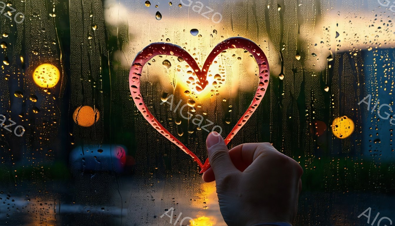 雨粒で覆われた窓ガラスに、誰かの手がハート型を描いています。背景には、夕焼けのようなオレンジ色の光と、ぼやけた街の灯りが映り込み、雨の日のロマンチックな雰囲気を醸し出しています。全体的に、温かく、少し寂しげな印象を与える写真です。