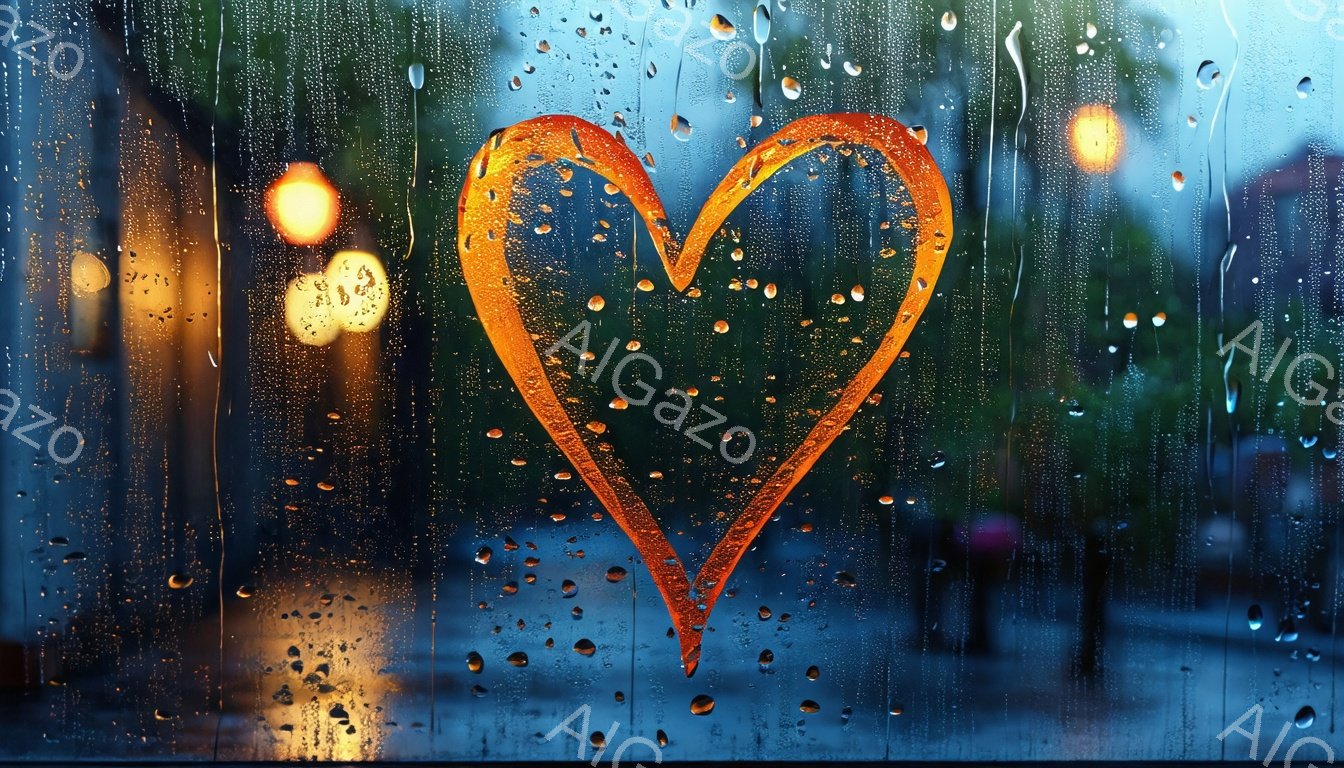 雨粒で覆われた窓ガラスに、オレンジ色のハートが描かれている。背景には、ぼやけた街灯や建物の光が見え、雨の日の憂鬱でロマンチックな雰囲気を醸し出している。全体的に湿った空気感と、暖かく優しい光が印象的な画像である。