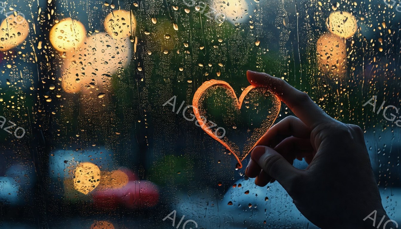 雨の日に窓ガラスに指でハートを描いている手が写っています。背景にはぼやけた街の光が暖色系で輝き、雨粒が窓を覆い、情緒的な雰囲気を醸し出しています。暗い色調と光のコントラストが、どこか寂しげでロマンチックな情景を表現しています。