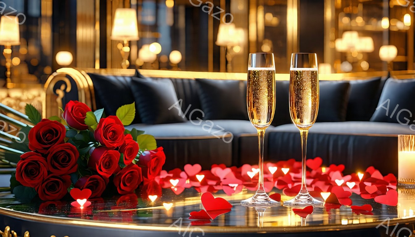 豪華なテーブルの上に、赤いバラの花束とシャンパングラスが2つ並んでいます。テーブルにはハート型の紙吹雪が散りばめられ、キャンドルの灯りが暖かく照らしています。背景には、曲線的なデザインのソファと、黄金色の装飾が施された内装が見え、ロマンチックで優雅な雰囲気を醸し出しています。