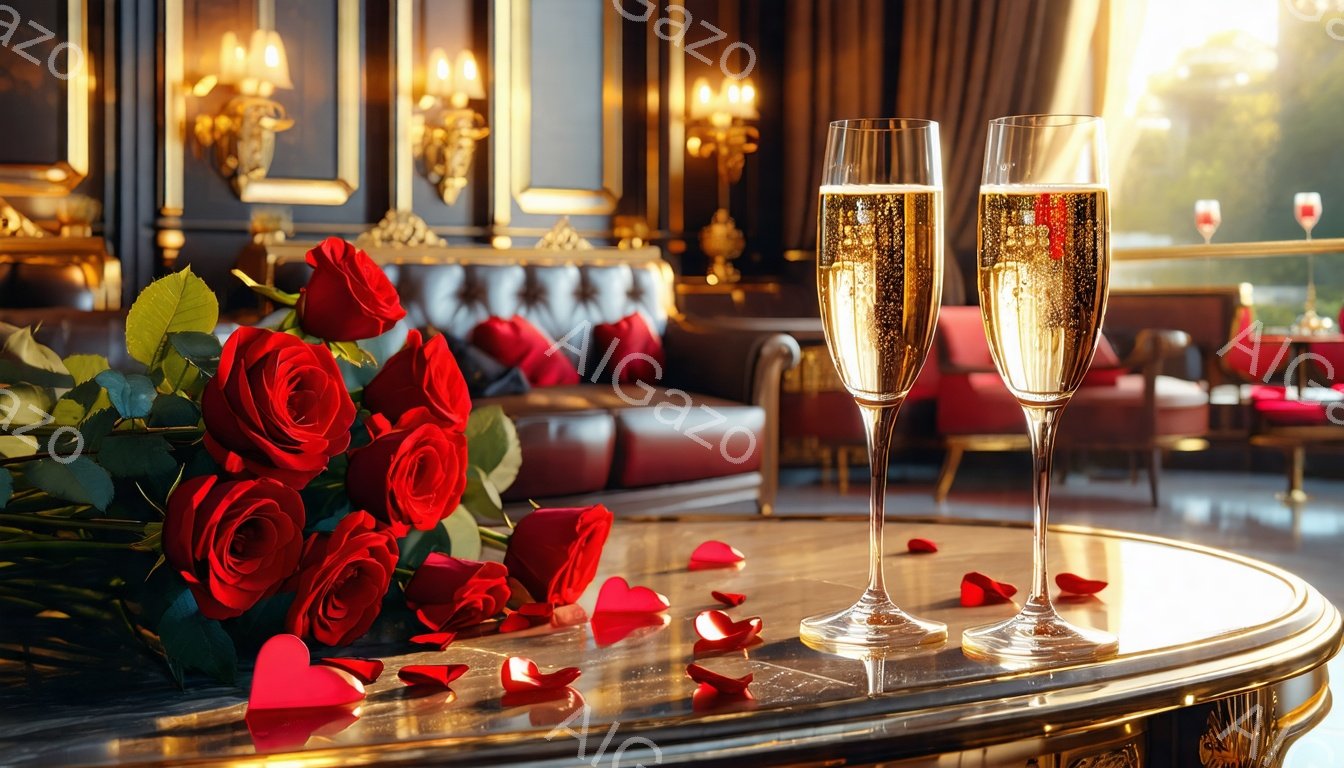 真っ赤なバラの花束とシャンパングラスが、豪華な大理石のテーブルの上に飾られています。背景にはベルベットの赤いソファと装飾的な照明が並び、ロマンチックで贅沢な雰囲気を醸し出しています。テーブルにはハート型の紙吹雪が散りばめられており、特別な日の祝宴を暗示しています。