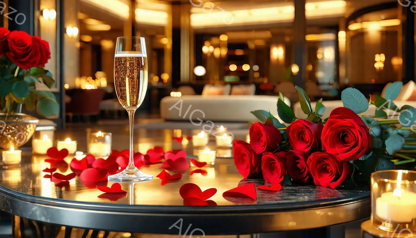 テーブルの上には、赤バラの花束、シャンパングラス、散らばる花びらが置かれ、周囲には灯されたキャンドルが温かい光を放っています。背景はぼやけていますが、モダンな内装の部屋の一部が見え、ロマンチックでエレガントな雰囲気を醸し出しています。全体的に、特別な夜や記念日を祝うための設定であることがわかります。