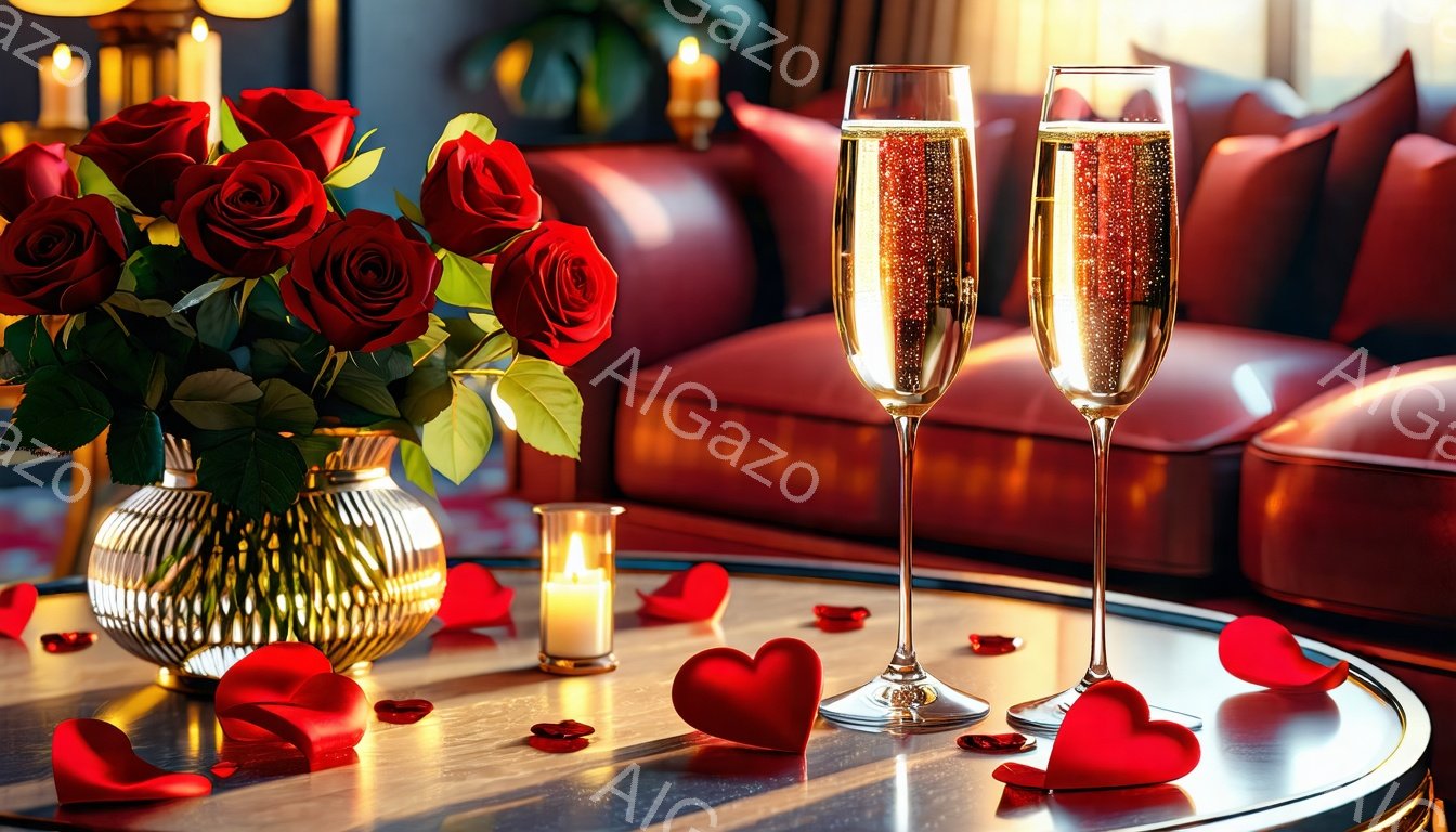 深紅のバラの花束が、光沢のある花瓶に活けられています。テーブルの上には、赤いハート型のものが散りばめられ、シャンパンが入ったグラスが2つ並んでいます。背景には、濃い赤色のソファと、ぼんやりとしたキャンドルの光が見え、ロマンチックで特別な雰囲気を作り出しています。