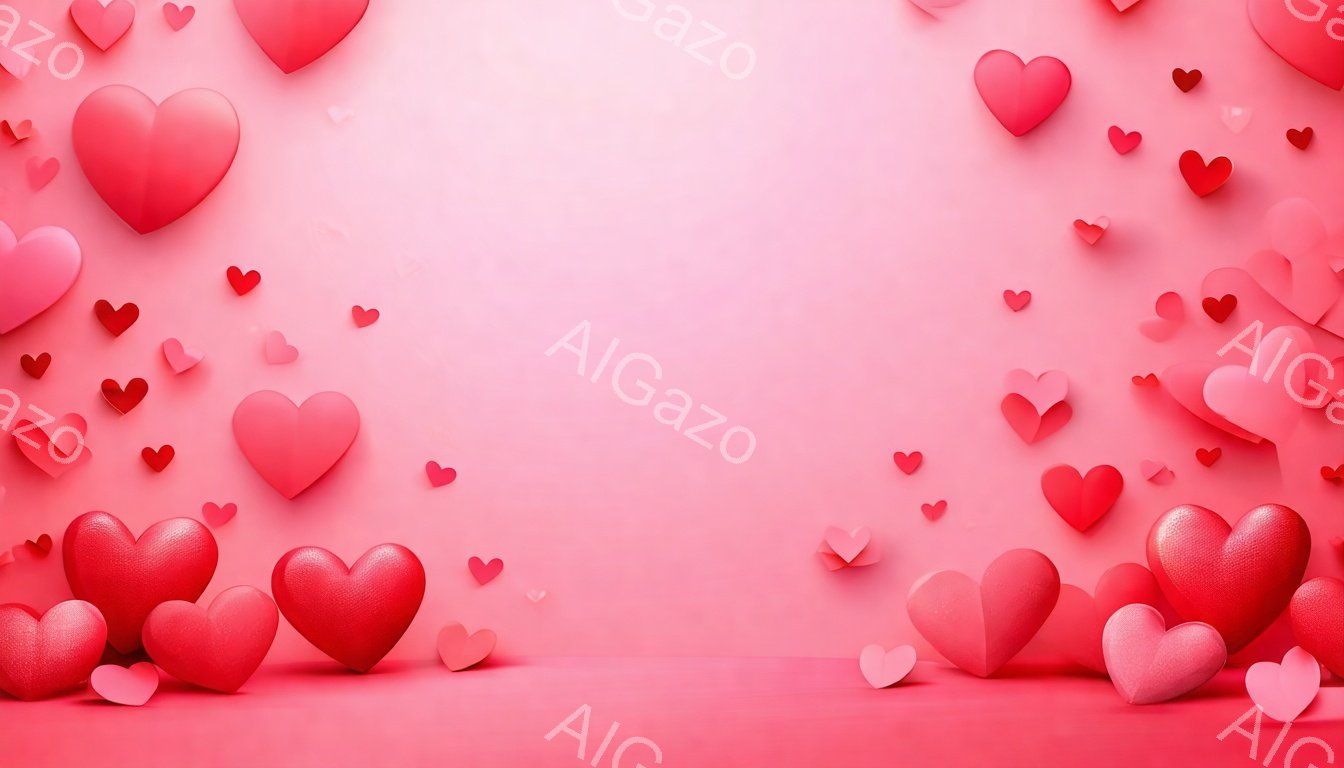 背景は鮮やかなピンク色で、様々な大きさの赤いハートが散りばめられています。画面下部には、立体的な赤いハートが積み重なり、浮遊しているような印象を与えます。全体的にロマンチックで温かみのある、バレンタイ - AI生成フリー素材