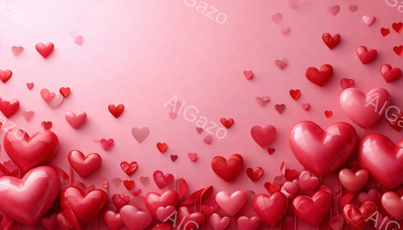鮮やかな赤色のハートが、ピンク色の背景にたくさん浮かんでいます。ハートは大小さまざまなサイズで、まるで空中に散りばめられたように配置され、暖かくロマンチックな雰囲気を作り出しています。全体的に、愛と幸福を象徴する、可愛らしいイメージです。
