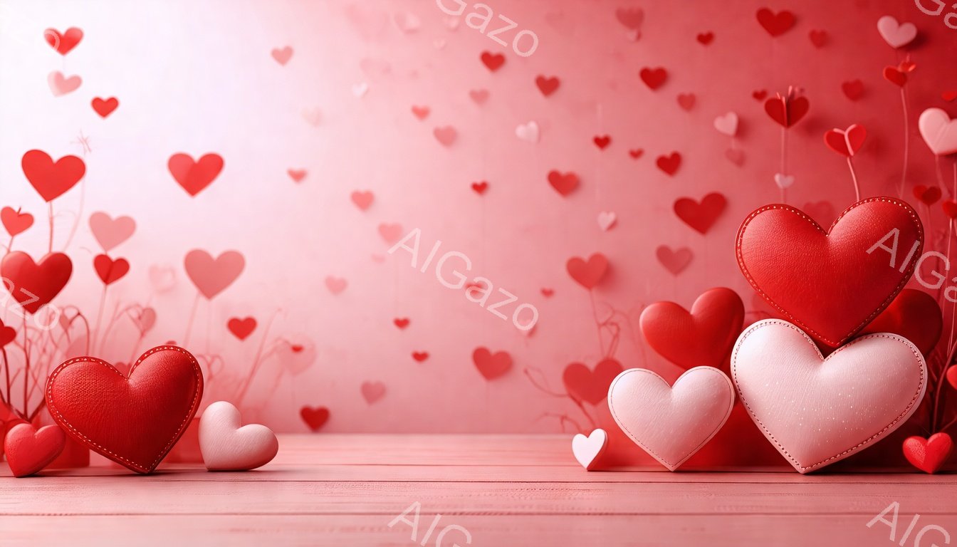 鮮やかなピンク色の背景に、様々な大きさのふわふわしたハートが散りばめられています。テーブルの上には、赤いハート、ピンクのハート、白いハートが積み重なっており、暖かくロマンチックな雰囲気です。ハートの質感は柔らかく、まるで手触りが感じられそうであり、バレンタインデーや愛を表現するイメージにぴったりです。