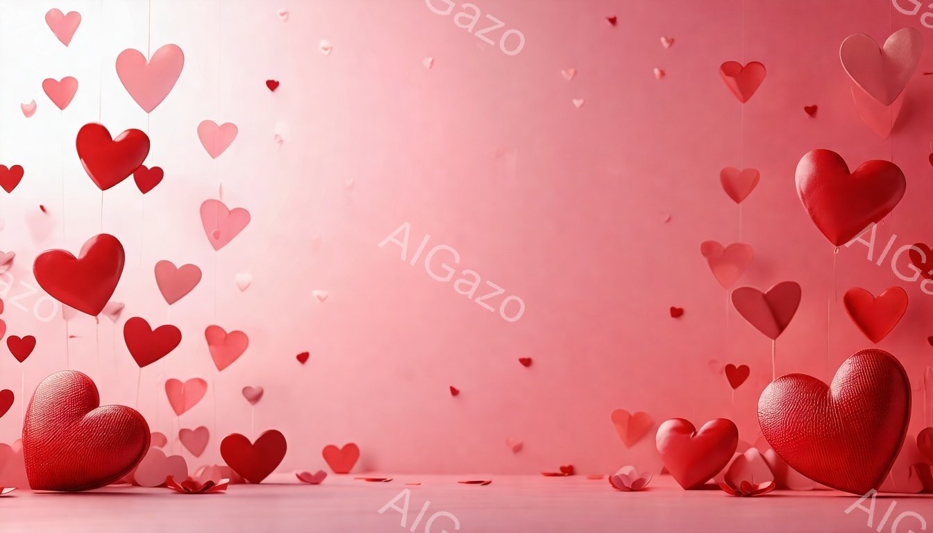 鮮やかなピンク色の背景に、様々な大きさの赤いハートが吊り下げられ、床に散らばっている。ハートは立体的なデザインで、一部はテクスチャが施されており、暖かくロマンチックな雰囲気を醸し出している。全体的にバレンタインデーや愛を象徴するイメージで、祝祭的なムードが漂う。