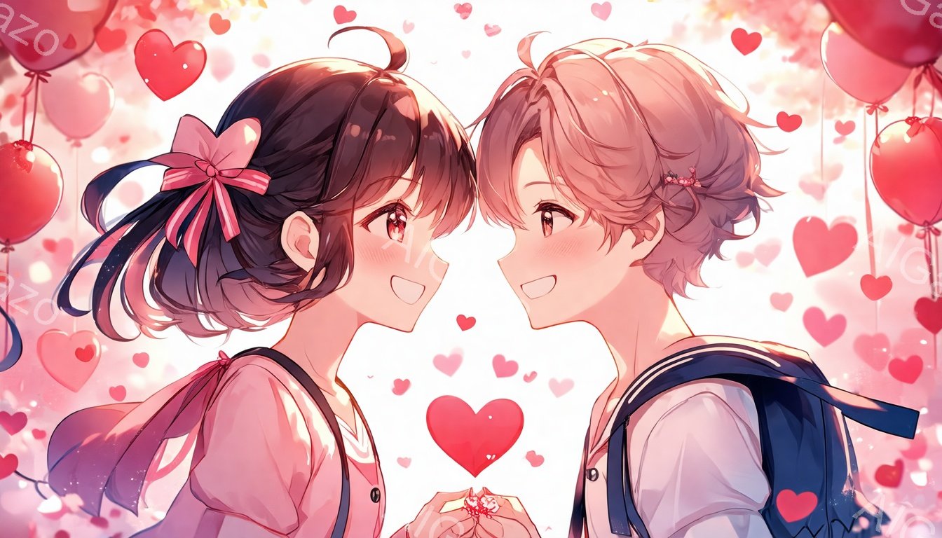 少女は黒髪をリボンで結い、ピンク色のシャツに黒いセーラー服を着ています。少年は明るい茶色の髪で、白いシャツに黒いセーラー服を着ています。二人は互いに微笑み合い、顔を寄せ合っており、背景にはたくさんのハートが浮かび、ロマンチックで甘い雰囲気が漂っています。