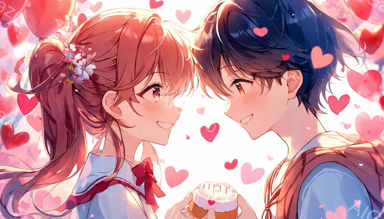 明るい茶色の髪をハーフアップにし、花飾りをつけた少女と、黒髪の少年が寄り添っている。少女は赤いリボンを付けたセーラー服を着ており、手に小さなケーキを持っている。背景はピンクと白のハートで埋め尽くされ、温かくロマンチックな雰囲気を醸し出している。