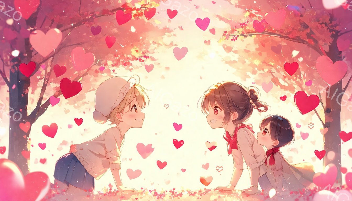 明るい光の中で、少女と少年が膝をついて互いに微笑み合っています。少女は茶色の巻き髪で赤いリボンをつけ、白いブラウスとスカートを着ています。少年は白い帽子をかぶり、セーターと濃い色のズボンを着用し、背景にはピンクの花びらが舞い散る桜並木が広がっています。