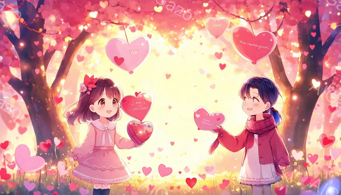 少女と少年がバレンタインデーを祝っているイラストです。少女はピンクのフリルドレスに赤いリボンをつけており、可愛らしい表情でハートの形をしたチョコレートを手に持っています。少年は赤いマフラーとコートを着ており、少し照れながら少女にチョコレートを差し出しています。