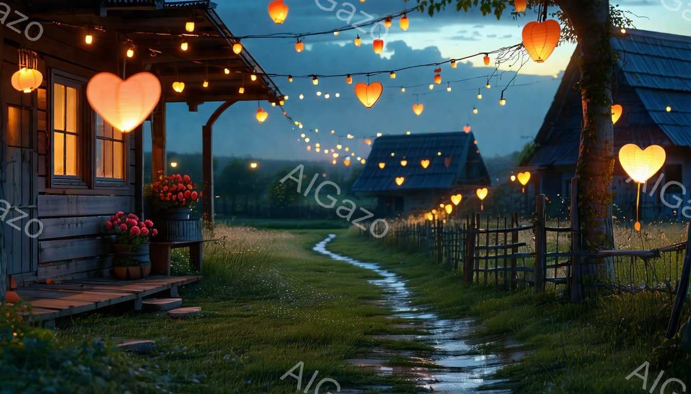 朽ちかけた木造の家々が並び、庭には花が咲き乱れている。夕暮れ時の空の下、家々を結ぶように提灯のような暖かい光が灯されており、泥の道がどこまでも続いている。全体的にノスタルジックで穏やかな、牧歌的な雰囲気が漂っている。