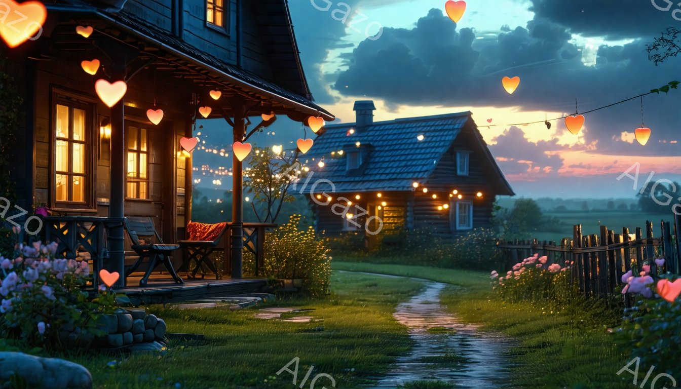 温かい光で照らされた木造の家が、緑豊かな牧草地の中に佇んでいます。家のベランダには椅子とクッションがあり、まるで誰かがリラックスして過ごしているかのような雰囲気です。夕焼け空の下、庭にはピンクの花が咲き乱れ、穏やかで牧歌的な光景が広がっています。