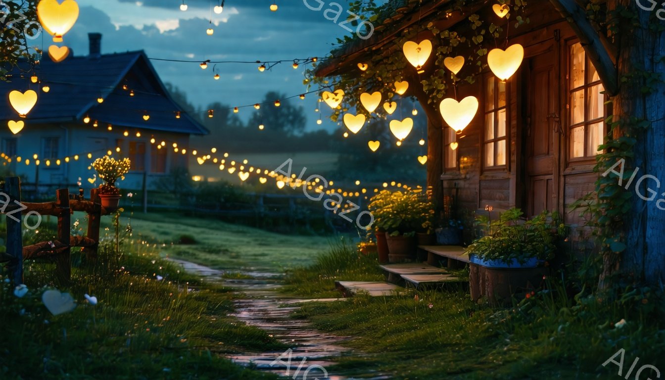 古びた木造の家が、ハート型の電球が連なる暖かい光で飾られています。家の前には植物が置かれたプランターが並び、庭には緑が生い茂り、遠くには夕焼けに照らされた牧草地と家屋が見えます。全体的に穏やかで幻想的な雰囲気で、穏やかな夏の夜を彷彿とさせます。