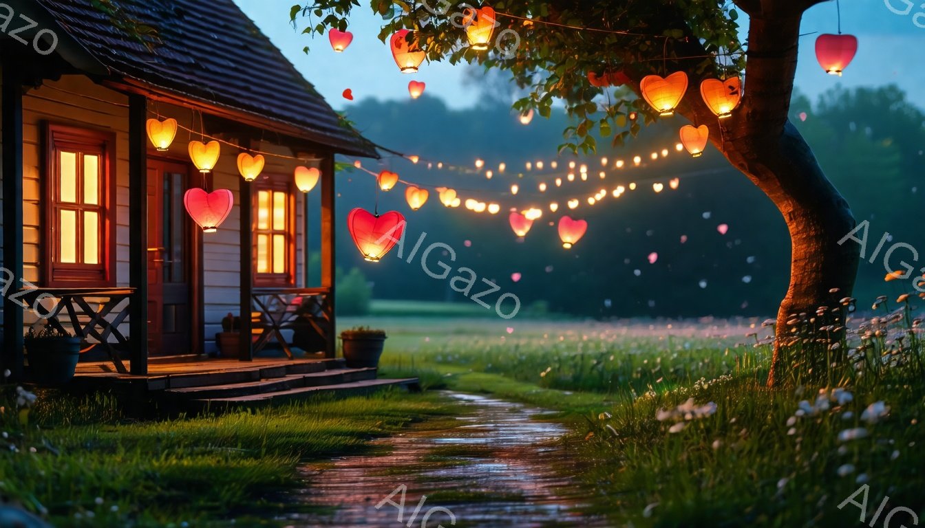 可愛らしい木造の家が、緑豊かな草原に佇んでいます。家には温かい光が灯り、庭には無数の提灯が飾られ、ロマンチックな雰囲気を醸し出しています。背景には、木々が生い茂り、夕暮れ時の柔らかな光が辺りを包み込み、穏やかで幻想的な情景が広がっています。