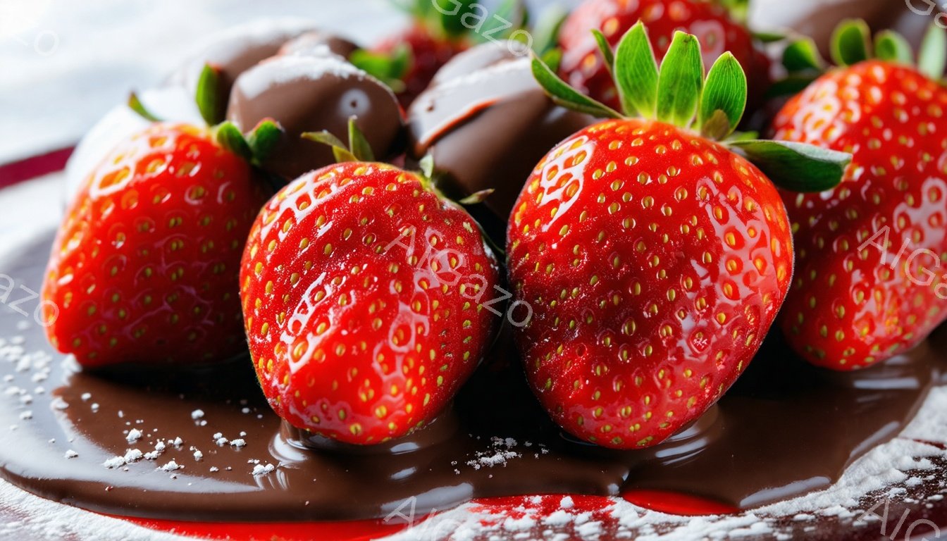 鮮やかな赤いイチゴがいくつか、チョコレートソースの上に並べられています。イチゴには緑色の葉っぱがついており、一部はチョコレートでコーティングされています。白い粉砂糖が軽く振りかけられ、甘くておいしそうな雰囲気を醸し出しています。