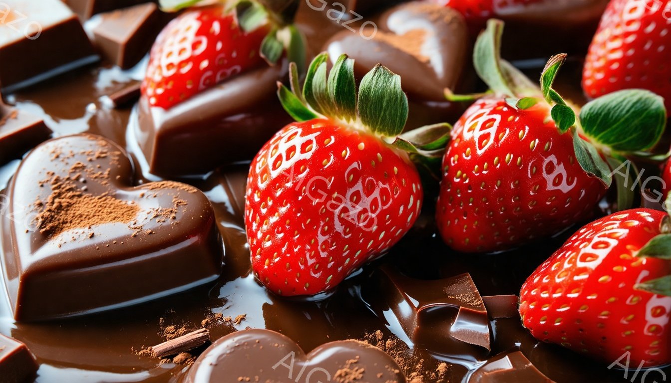 鮮やかな赤いイチゴが、溶けたチョコレートとチョコレートの破片の中に散りばめられています。チョコレートは様々な形をしており、ハート型や四角形などが見られます。全体的に甘くて贅沢な雰囲気が漂い、デザートや - AI生成フリー素材