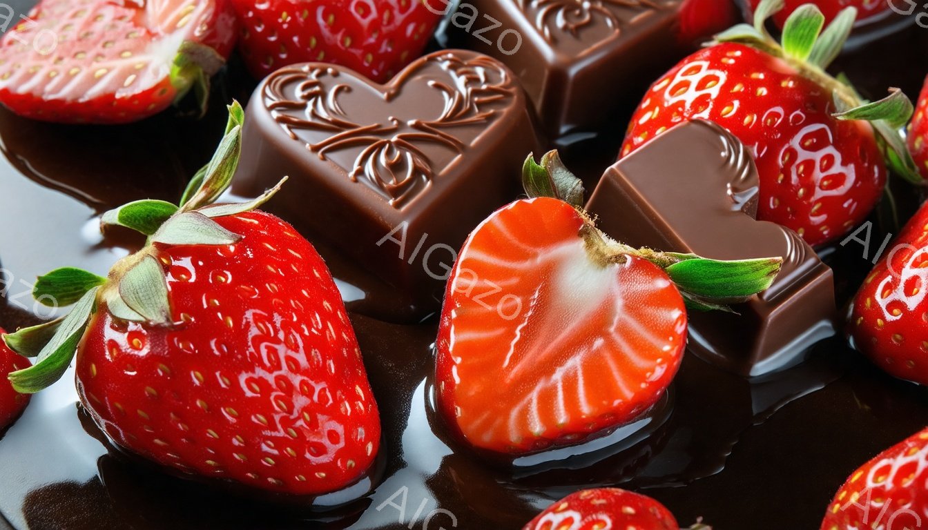 鮮やかな赤いイチゴと、心臓の形や正方形のチョコレートが、溶けたチョコレートソースの上に散りばめられています。イチゴは丸ごとのものと、半分に切られて中身が見えるものがあり、チョコレートは濃い茶色で光沢があります。全体的に甘くてロマンチックな雰囲気が漂い、デザートやバレンタインデーを連想させます。