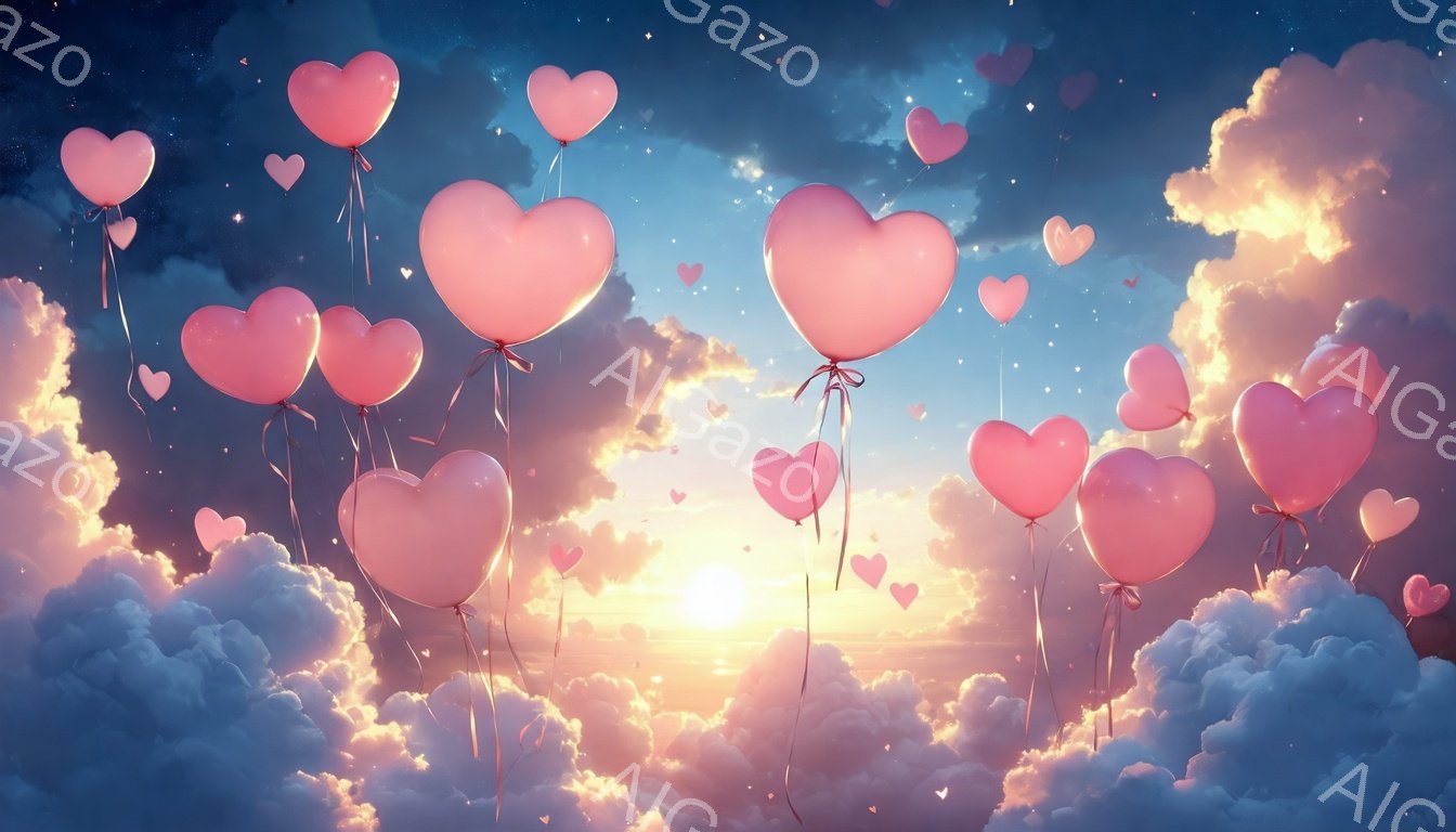 明るい夕焼け空を背景に、たくさんのピンク色のハート型風船が浮かんでいます。雲は淡いピンク色と青色で、全体的に夢のような、ロマンチックな雰囲気を醸し出しています。空には小さな星も散らばっており、希望と幸福を感じさせる光景です。