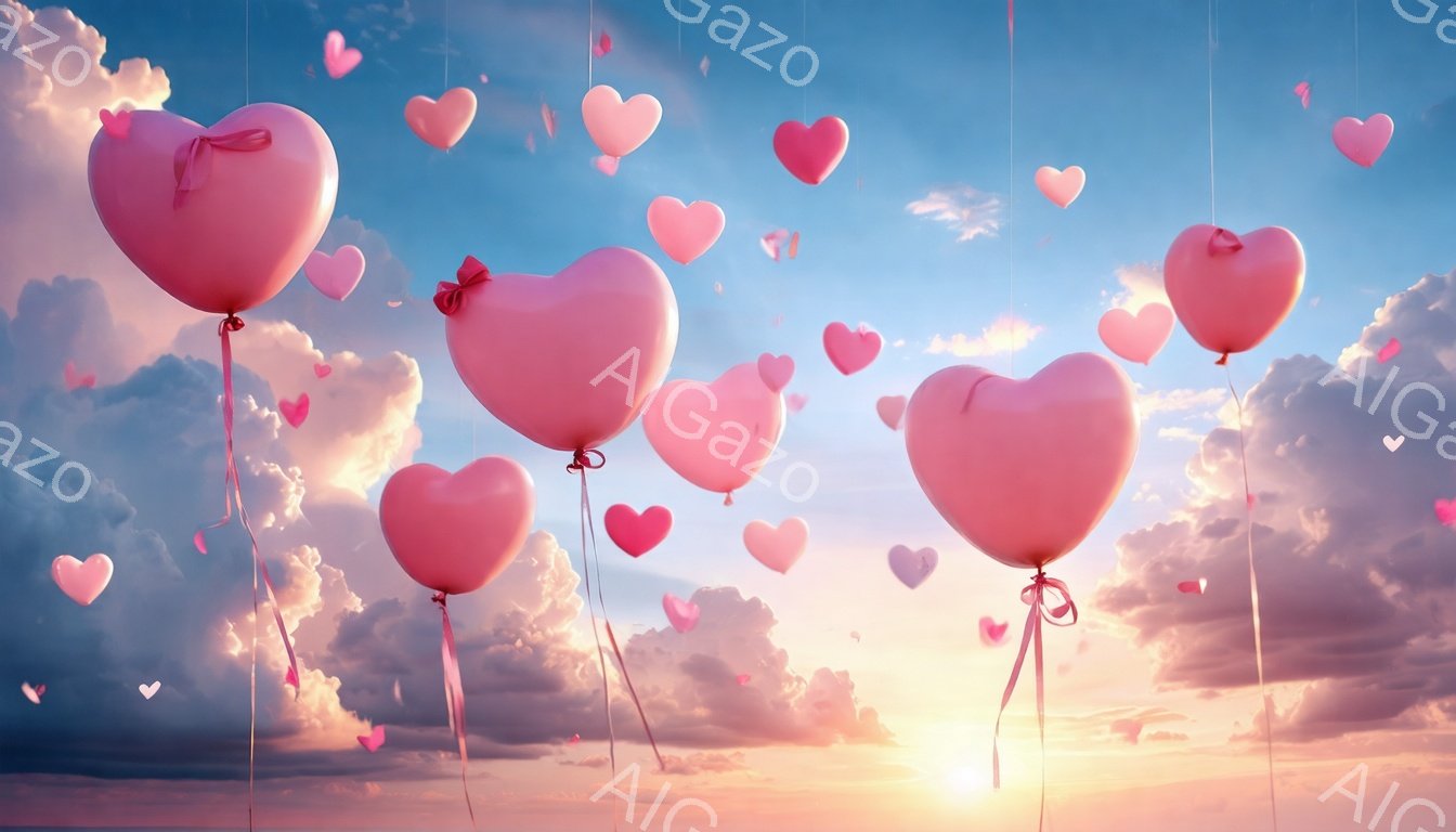 空には、ハート型のピンク色の風船が多数浮かび、リボンで結ばれています。背景は夕焼けのようなオレンジとピンクのグラデーションが美しい雲海で、温かくロマンチックな雰囲気を醸し出しています。全体的に夢幻的で、愛に満ちた穏やかな情景が広がっています。
