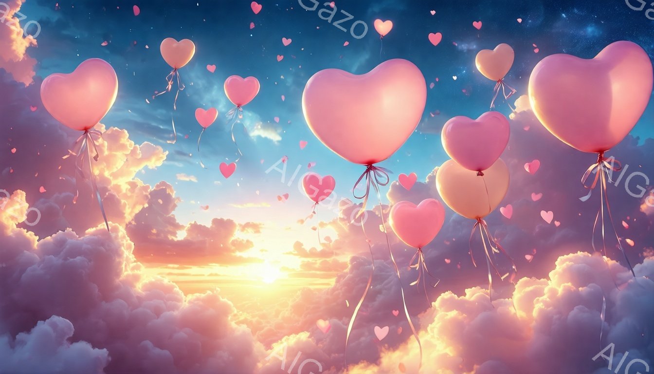 空には、ピンクと白のハート型の風船が多数浮かんでおり、夕焼けのようなオレンジ色とピンク色の雲が広がっています。雲はふわふわとしており、光が差し込むことで幻想的な雰囲気を醸し出しています。 全体的に、優しく、ロマンチックで、夢のような情景が広がっています。